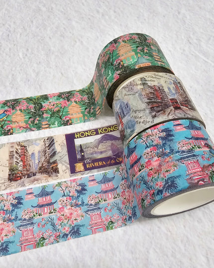Hong Kong vintage theme washi sticker tapes - HK harbor, Chinese sailing junk, water color pagodas, birds. For scrapbooks, journals, crafts