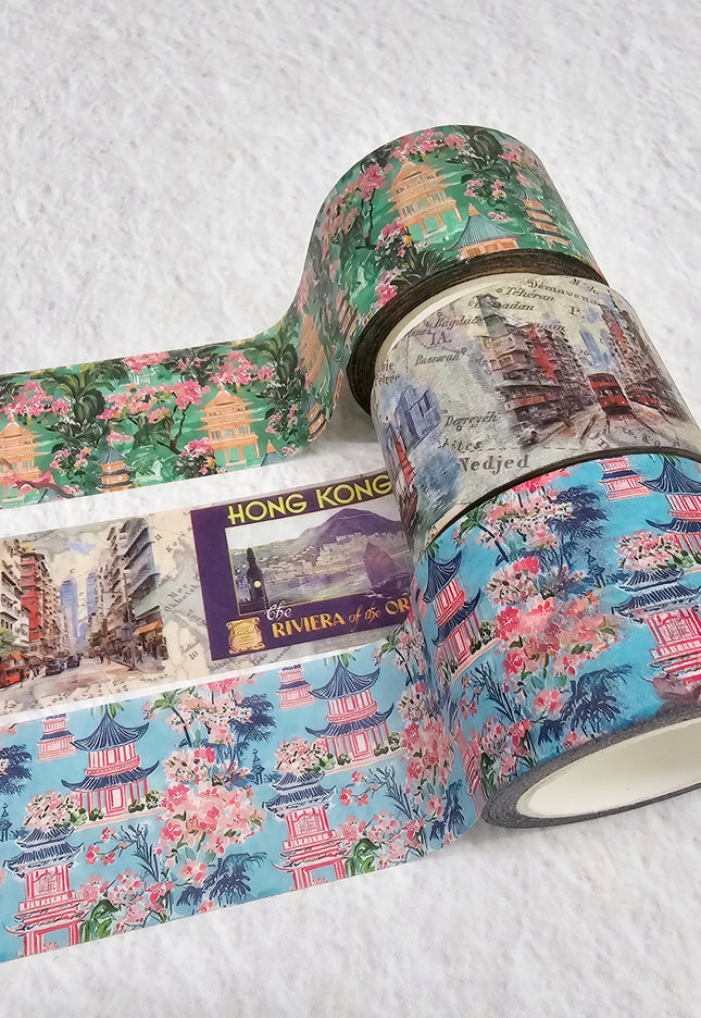 Hong Kong vintage theme washi sticker tapes - HK harbor, Chinese sailing junk, water color pagodas, birds. For scrapbooks, journals, crafts
