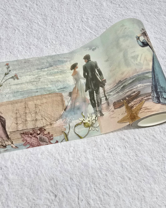 Jane Austen seaside stroll theme extra wide washi tape sticker roll for scrapbooks, journals, crafts and gifts. 12 cm wide