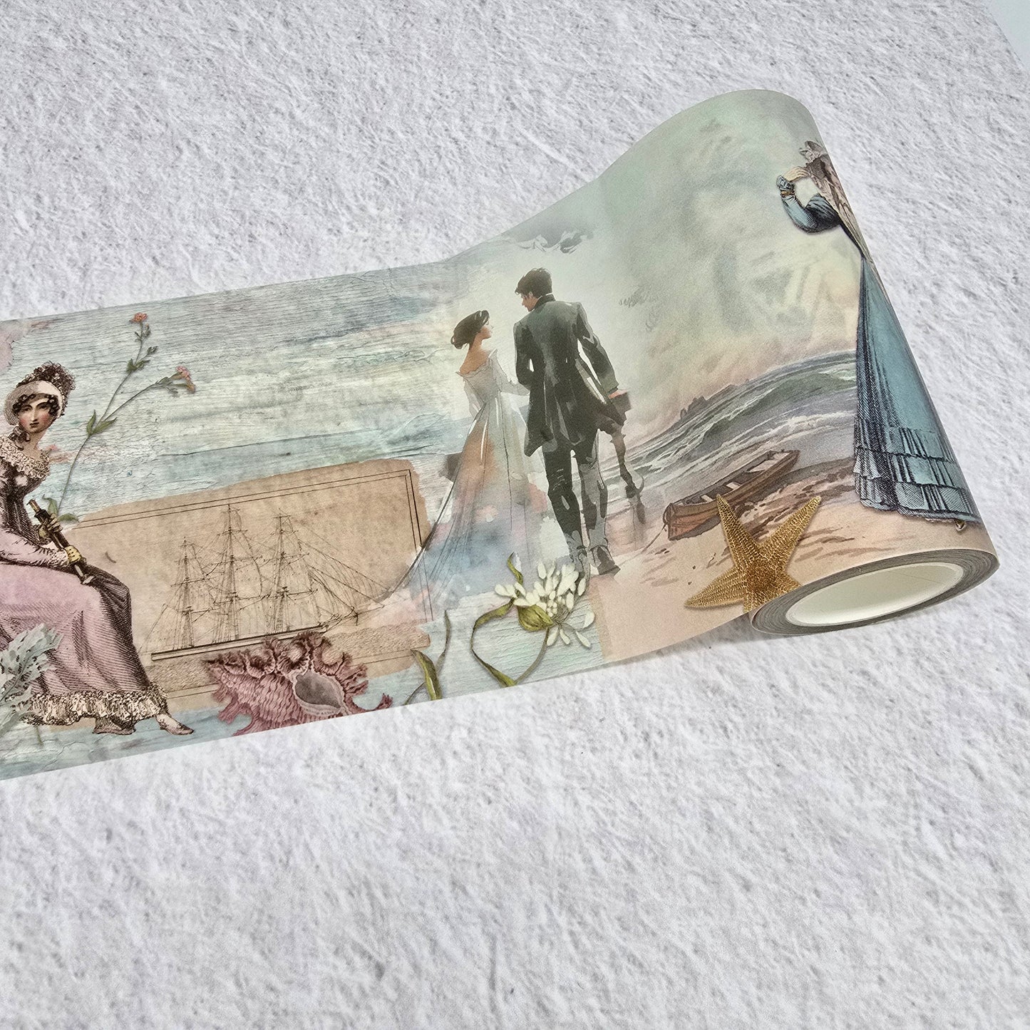 Jane Austen seaside stroll theme extra wide washi tape sticker roll for scrapbooks, journals, crafts and gifts. 12 cm wide