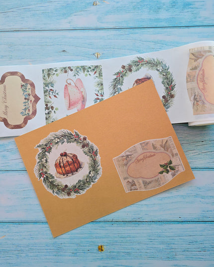 autocollants washi de Noël victoriens vintage - coupe baiser. Inscriptible, réutilisable, ne laisse aucun résidu collant. 2 rouleaux / plus de 150 autocollants