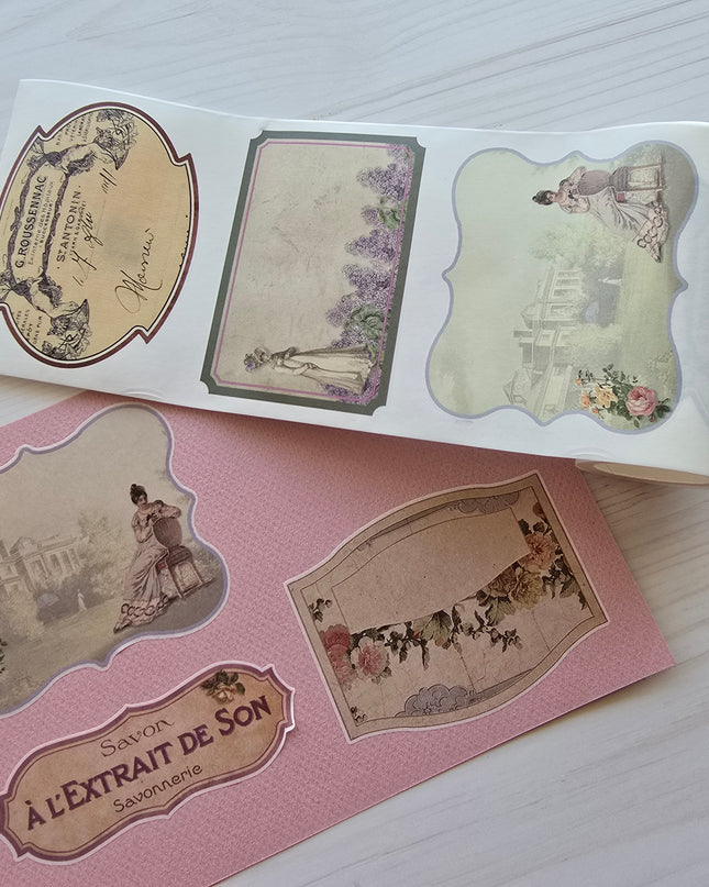 autocollants washi de Noël victoriens vintage - coupe baiser. Inscriptible, réutilisable, ne laisse aucun résidu collant. 2 rouleaux / plus de 150 autocollants
