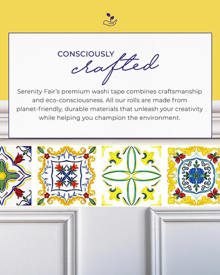 Mediterranean Portuguese Italian Tiles Pattern Washi Tape, Extra Wide 4 inches / 10 cm Repositionable Sticker Tape Roll - Serenity Fair