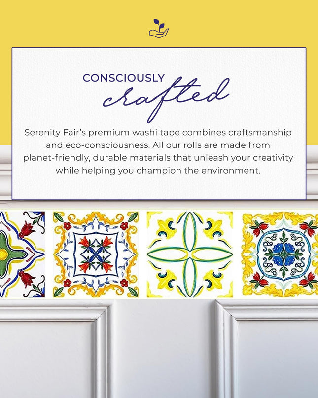 Mediterranean Portuguese Italian Tiles Pattern Washi Tape, Extra Wide 4 inches / 10 cm Repositionable Sticker Tape Roll - Serenity Fair
