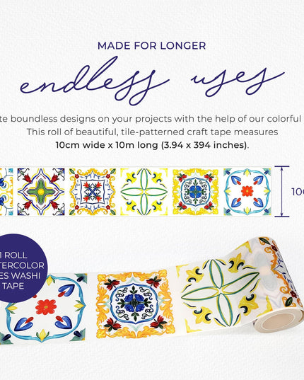 Mediterranean Portuguese Italian Tiles Pattern Washi Tape, Extra Wide 4 inches / 10 cm Repositionable Sticker Tape Roll - Serenity Fair