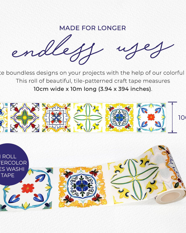 Mediterranean Portuguese Italian Tiles Pattern Washi Tape, Extra Wide 4 inches / 10 cm Repositionable Sticker Tape Roll - Serenity Fair