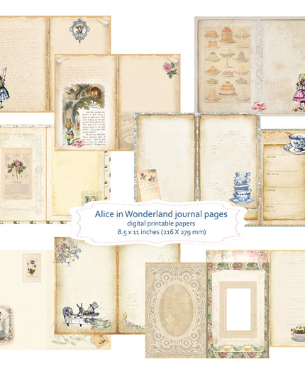 Alice in Wonderland  theme scrapbook journal pages for digital download (20 pages)
