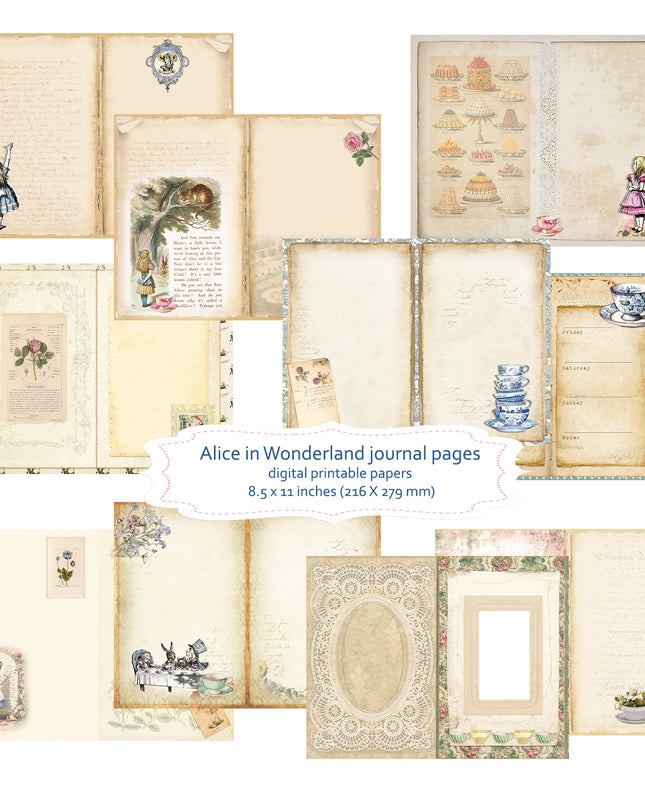 Alice in Wonderland  theme scrapbook journal pages for digital download (20 pages)