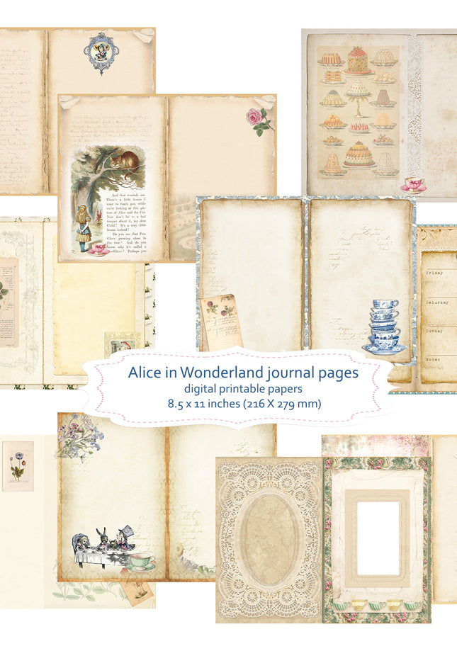 Alice in Wonderland  theme scrapbook journal pages for digital download (20 pages)