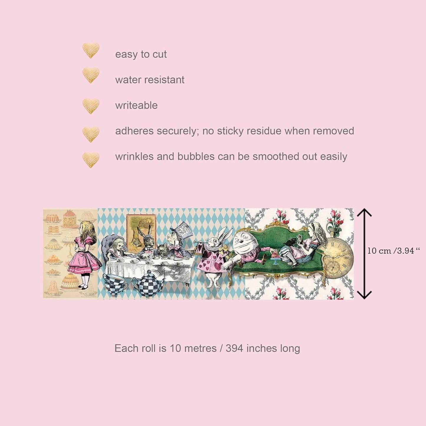 Alice in Wonderland Whimsical washi sticker tape (Extra Wide) for scrapbooks, crafts, DIY cards, and decorating. Leaves no sticky residue