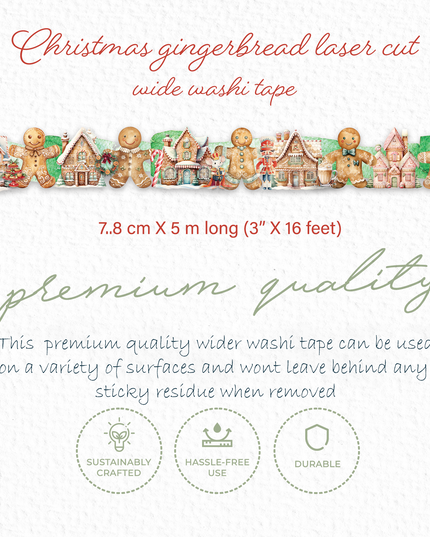 🎄 Christmas Gingerbread Cookie Laser-Cut Washi Tape – Ultra Wide Festive Holiday Die-Cut Masking Tape for Gift Wrapping, Scrapbooking, and Christmas Crafts (7.8cm x 5m)