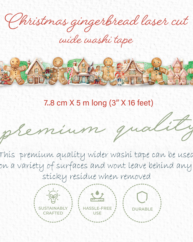 🎄 Christmas Gingerbread Cookie Laser-Cut Washi Tape – Ultra Wide Festive Holiday Die-Cut Masking Tape for Gift Wrapping, Scrapbooking, and Christmas Crafts (7.8cm x 5m)