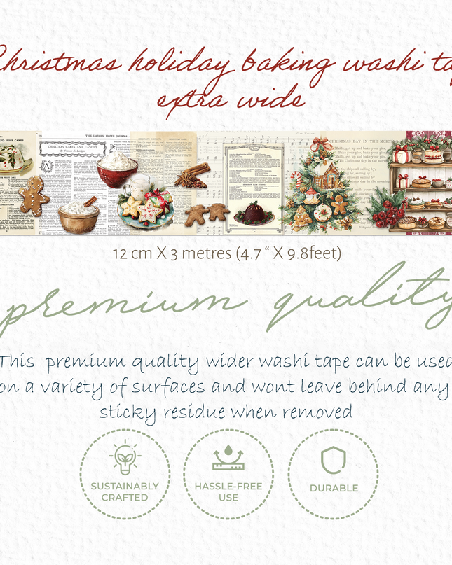 A product information graphic for Christmas holiday baking washi tape. It shows a wide sample strip of the tape with vintage baking-themed illustrations, text stating 'Christmas holiday baking washi tape extra wide', dimensions of 12 cm x 3 metres, and three feature icons for sustainably crafted, hassle-free use, and durable.