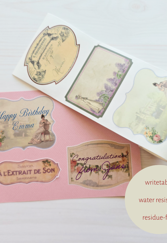 autocollants washi de Noël victoriens vintage - coupe baiser. Inscriptible, réutilisable, ne laisse aucun résidu collant. 2 rouleaux / plus de 150 autocollants