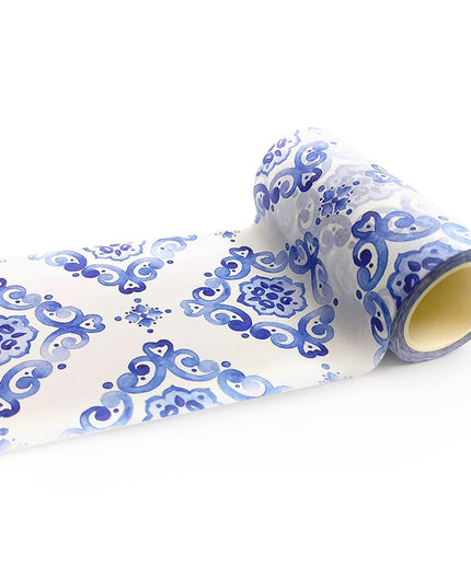 Moroccan blue and white tiles Pattern Washi Tape, Extra Wide 4 inches / 10 cm Repositionable Sticker Tape Roll