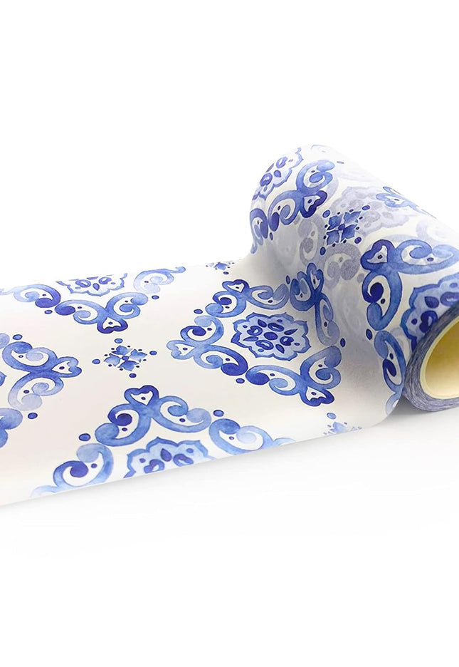 Moroccan blue and white tiles Pattern Washi Tape, Extra Wide 4 inches / 10 cm Repositionable Sticker Tape Roll