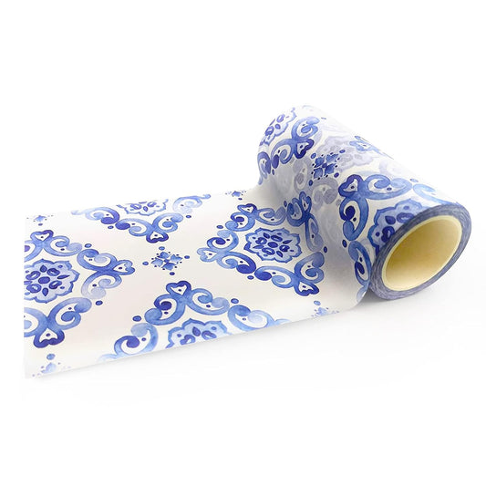 Moroccan blue and white tiles Pattern Washi Tape, Extra Wide 4 inches / 10 cm Repositionable Sticker Tape Roll