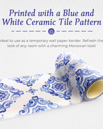 Moroccan blue and white tiles Pattern Washi Tape, Extra Wide 4 inches / 10 cm Repositionable Sticker Tape Roll