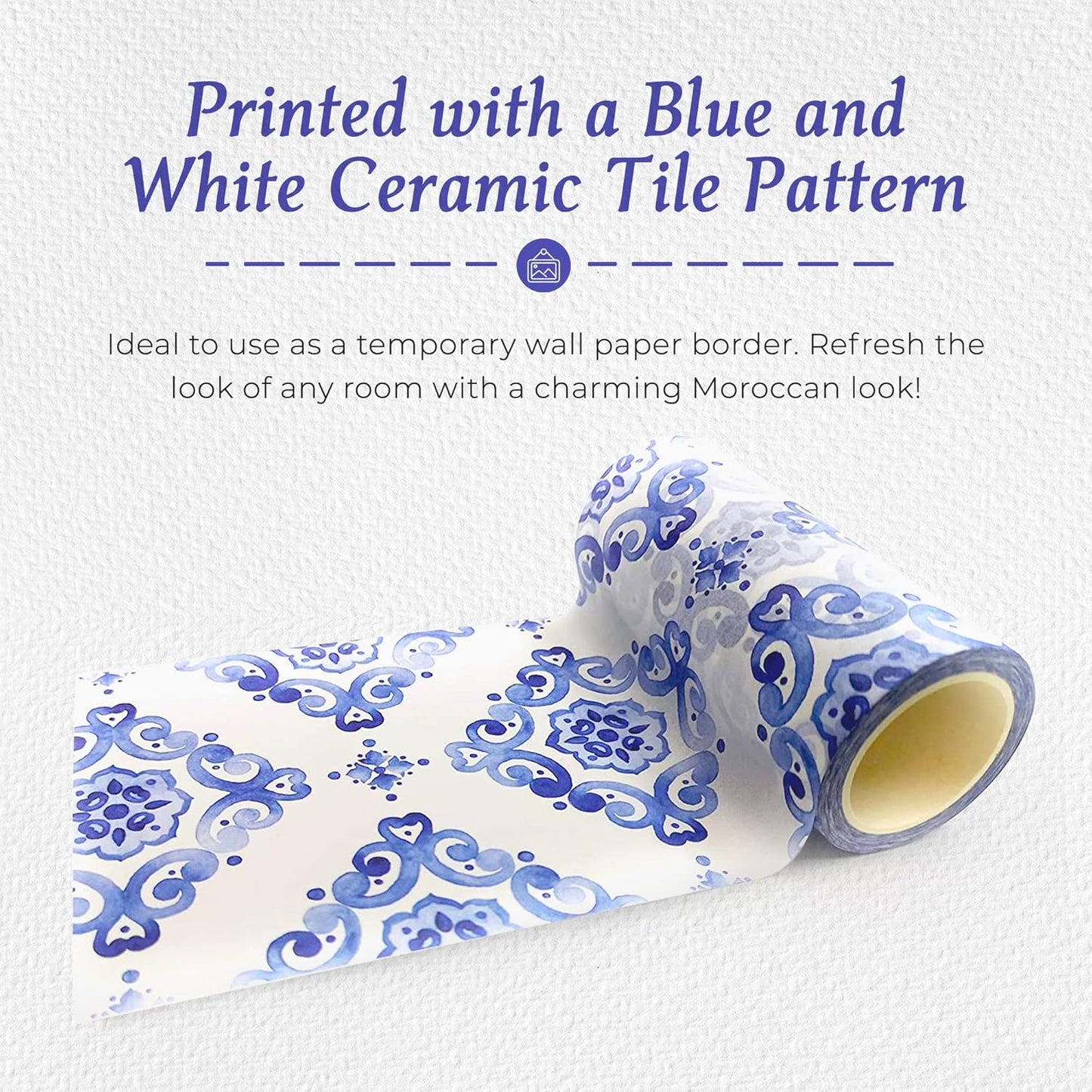 Moroccan blue and white tiles Pattern Washi Tape, Extra Wide 4 inches / 10 cm Repositionable Sticker Tape Roll