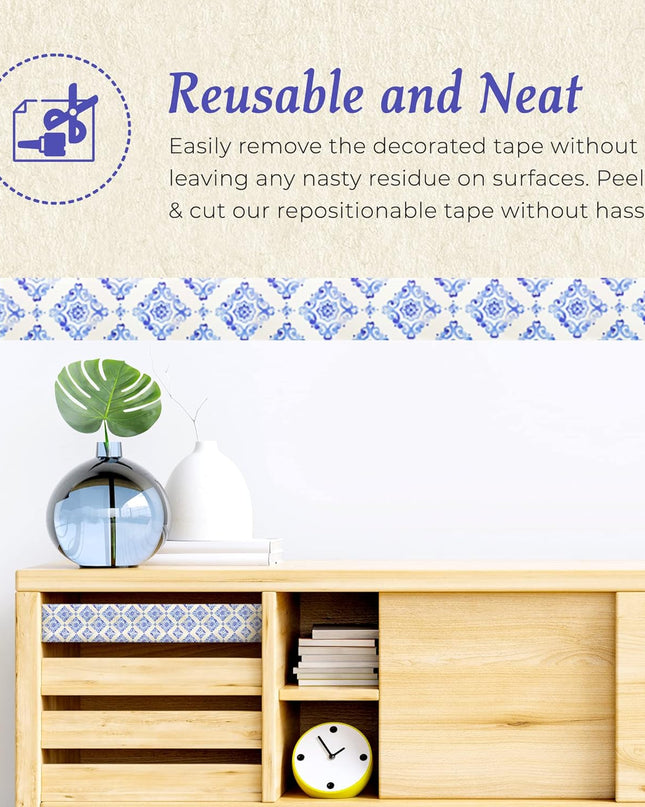 Moroccan blue and white tiles Pattern Washi Tape, Extra Wide 4 inches / 10 cm Repositionable Sticker Tape Roll