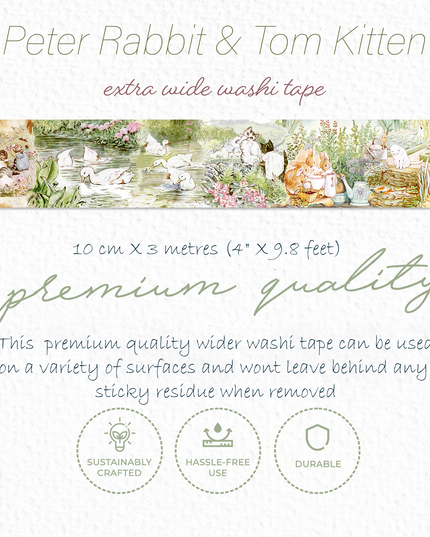 Vintage Peter Rabbit and Tom Kitten Washi Sticker Tape | 4-Inch Extra Wide Decorative Tape for Journals, DIY, and Home Decor