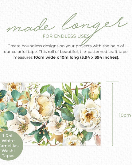 Ruban Washi à camélias floraux blancs Extra large pour scrapbooking, décoration murale, art mural, bordure de papier peint temporaire pour scrapbooking. Aucun résidu collant !