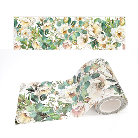 Extra Wide White Floral Camellias Washi Tape for scrapbooks DIY Decorating wall art, scrapbooks Temp Wallpaper Border. No sticky residue!