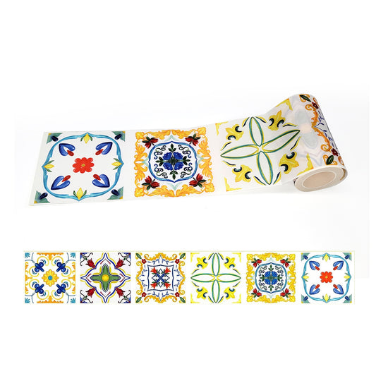 Mediterranean Portuguese Italian Tiles Pattern Washi Tape, Extra Wide 4 inches / 10 cm Repositionable Sticker Tape Roll - Serenity Fair