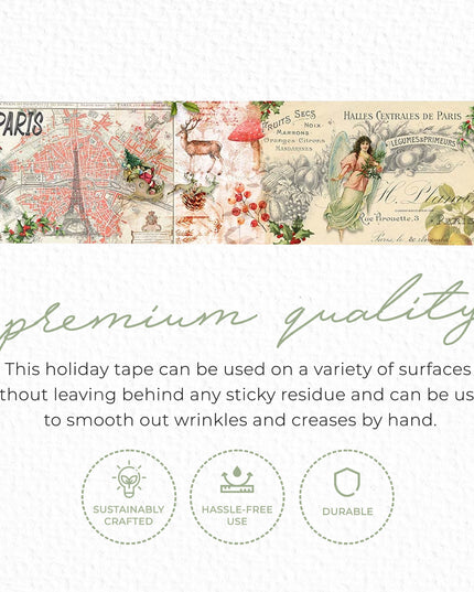 Christmas in Paris Vintage Extra Wide washi Sticker Tape. Extra-Long 10 meters for Decorating, decoupage, Crafts, temporary Wallpaper Border