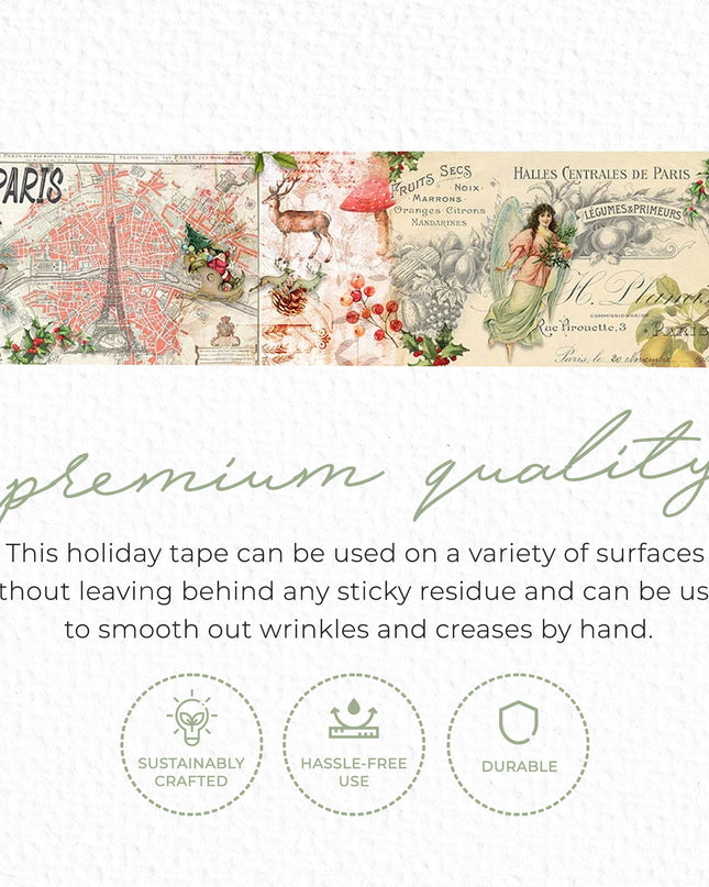 Christmas in Paris Vintage Extra Wide washi Sticker Tape. Extra-Long 10 meters for Decorating, decoupage, Crafts, temporary Wallpaper Border