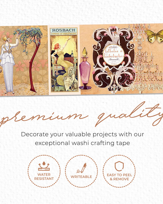 Vintage Art Nouveau Extra Wide Gold foil washi Tape for scrapbooks, Crafts, Gift Wrapping Supplies, DIY Cards, Wall Borders