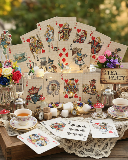 Playing cards with Alice in Wonderland design on a wooden tray with tea party decorations.
