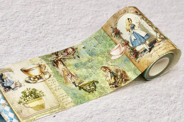 Alice in Wonderland vintage collage Extra Wide washi sticker tape for scrapbooks, Crafts, journals, DIY Cards Tea Party Decorations