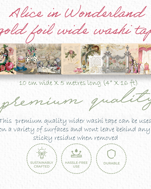 Alice in Wonderland Gold foil Extra Wide washi sticker tape for scrapbooks, Crafts, journals, DIY Cards Tea Party Decorations