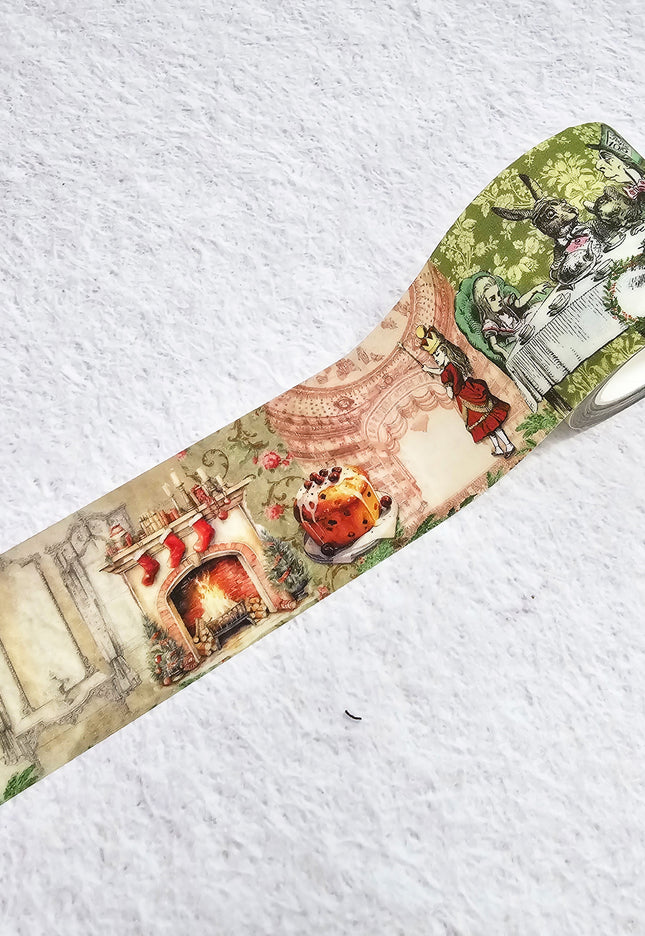 Alice in Wonderland vintage Christmas washi tape extra wide roll for scrapbooks, journals, crafts, wall decor, gifts. Leaves no residue.