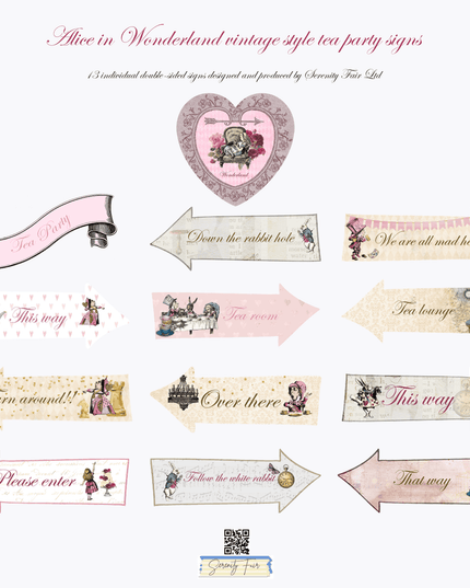 Alice in Wonderland (Mad Hatter Tea Party) Hanging Heart, Arrow Signs. Set of 13 actual signs for party props and decorations