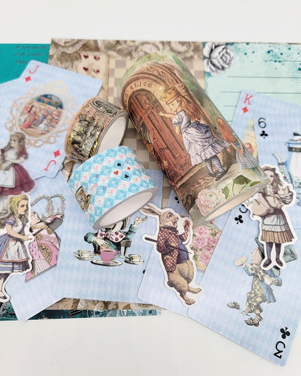 Alice's Adventures in Wonderland Theme Washi Tapes, Cards, Stickers, Papers Set