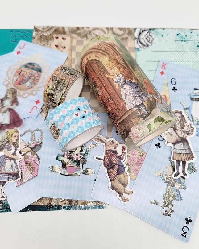 Alice's Adventures in Wonderland Theme Washi Tapes, Cards, Stickers, Papers Set