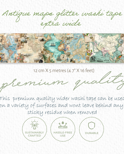 Extra Wide Antique Map Glitter Washi Tape (12cm) | SFWashi