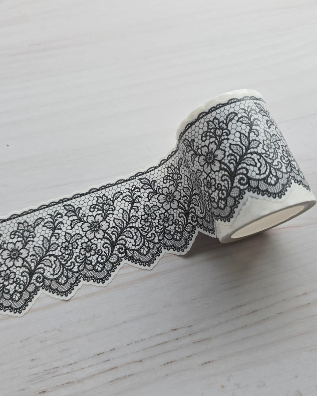 🖤 Black Lace Wide Laser-Cut Washi Sticker Tape – Elegant Vintage Border