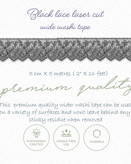 🖤 Black Lace Wide Laser-Cut Washi Sticker Tape – Elegant Vintage Border