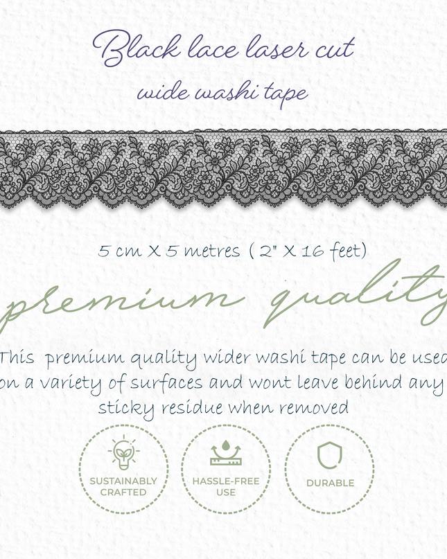 🖤 Black Lace Wide Laser-Cut Washi Sticker Tape – Elegant Vintage Border