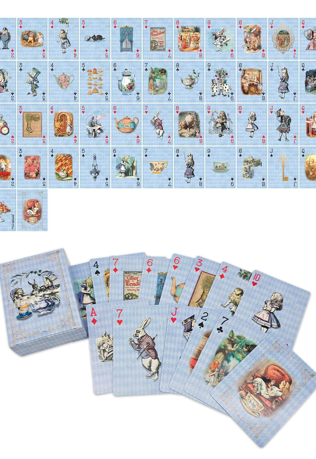 Set of playing cards with Alice in Wonderland design on a white background