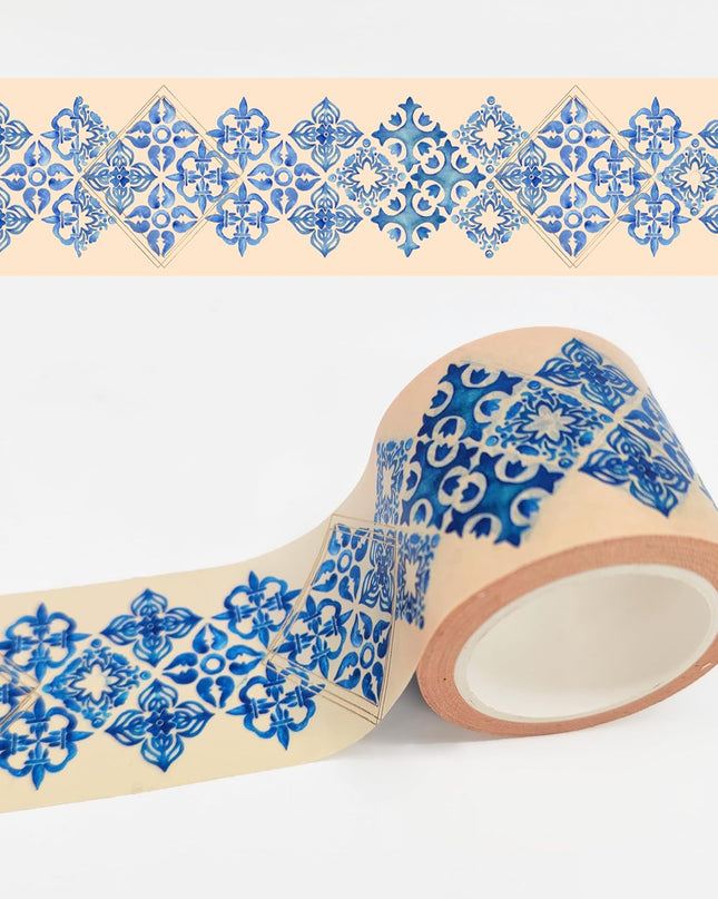 Gold foil blue Mediterranean tiles extra long washi sticker tape  [4cm wide x 10m long (1.6” x 394”)] for journals, decorating and gifts