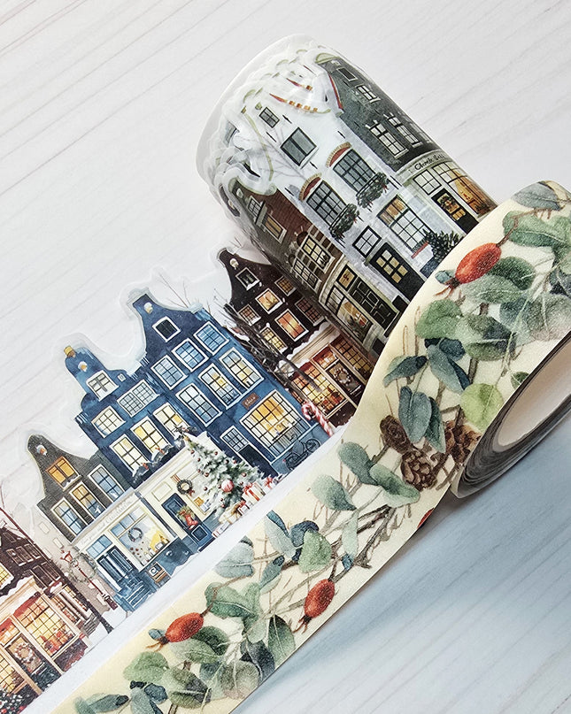 Vintage Christmas village laser cut and glitter washi tapes set for journals, scrapbook, crafts, gift wrapping and decorating