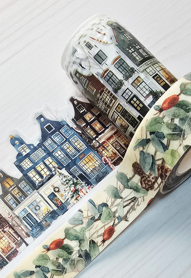 Vintage Christmas village laser cut and glitter washi tapes set for journals, scrapbook, crafts, gift wrapping and decorating