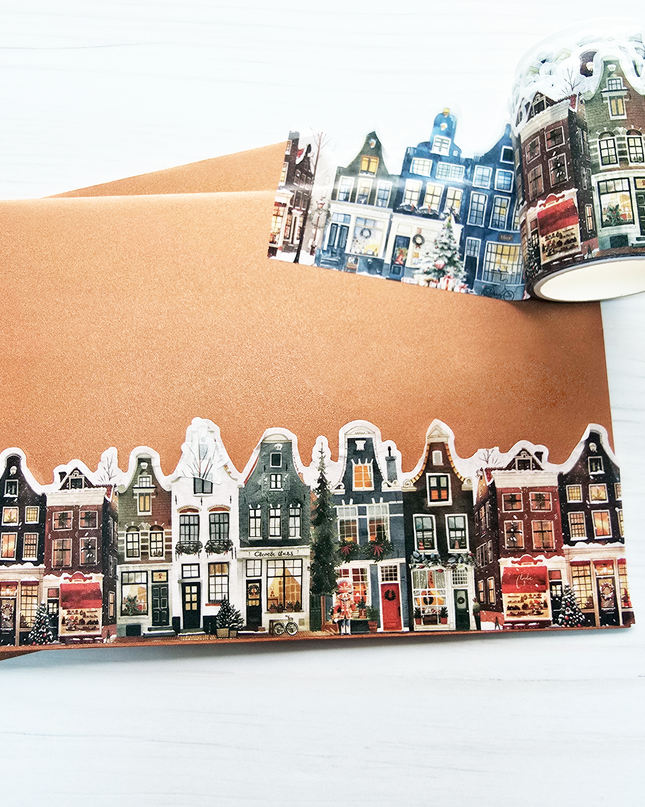 Vintage Christmas village laser cut and glitter washi tapes set for journals, scrapbook, crafts, gift wrapping and decorating