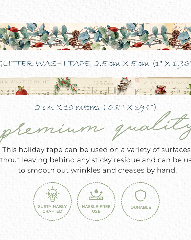 Vintage Christmas Glitter washi tapes set for journals, scrapbook, crafts, gift wrapping and decorating