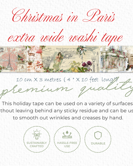 Ruban adhésif washi extra large vintage de Noël à Paris. Extra-long 10 mètres pour la décoration, le découpage, l'artisanat, la bordure de papier peint temporaire