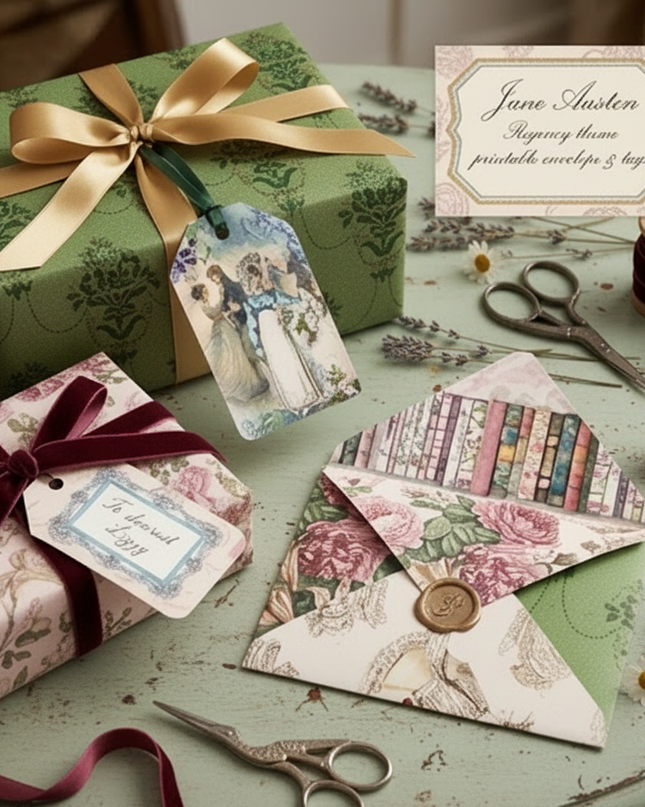 🌸Jane Austen Regency theme printable envelope & tags template